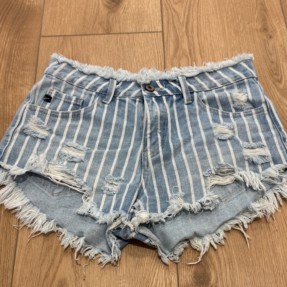 KanCan Blue Striped Frayed Jean Shorts